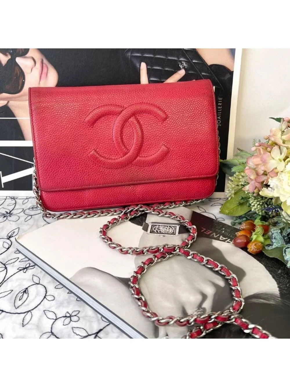 Chanel Chain Wallet Jumbo CC Logo Caviar Leather Red Shoulder Bag